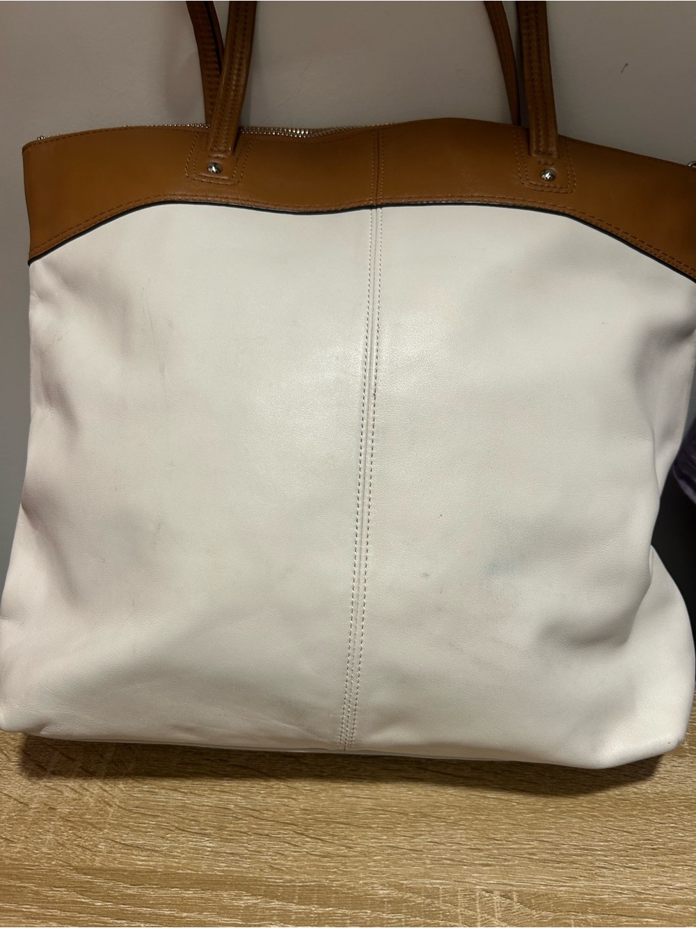 Coach Two-Tone Leather Tote in Chalk and Saddle Brown Laura Tote - Picture 7 of 10